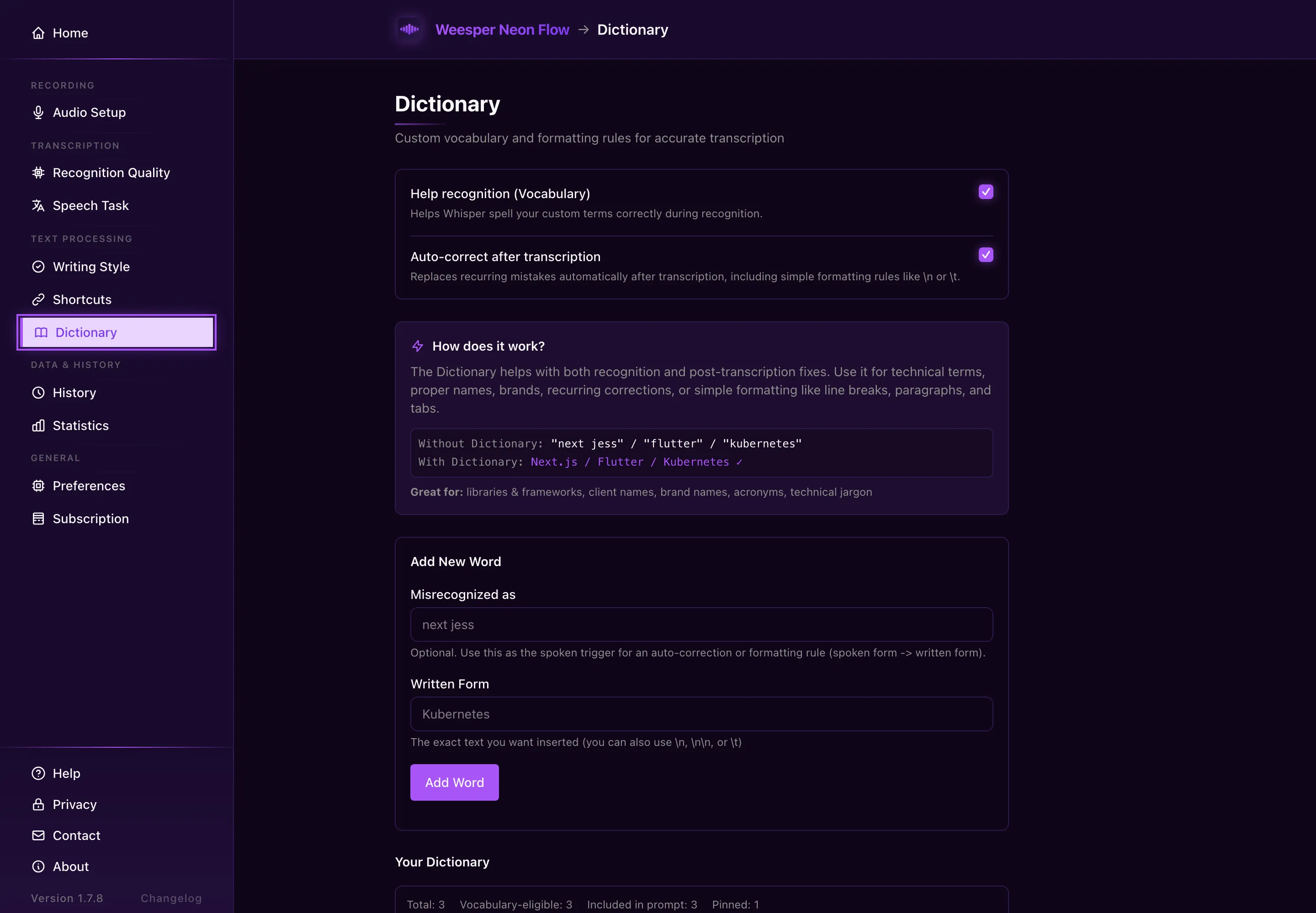 Weesper Neon Flow dictionary settings for custom vocabulary and formatting rules.