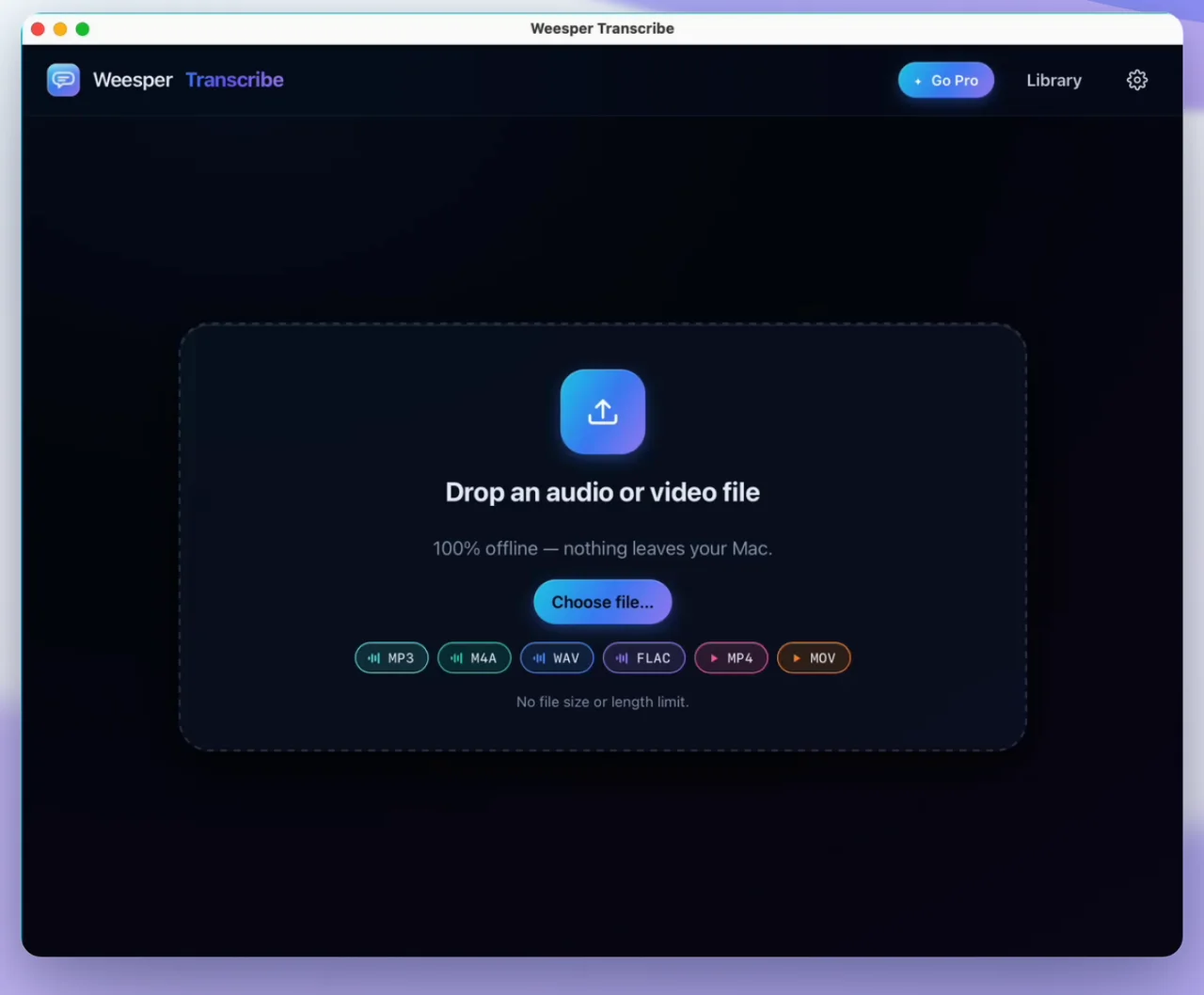 Drop an audio or video file into Weesper Transcribe