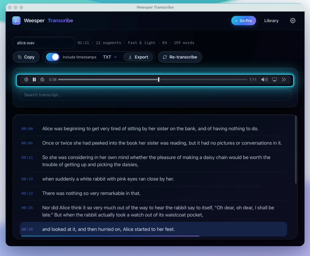 An editable transcript with clickable timestamps in Weesper Transcribe