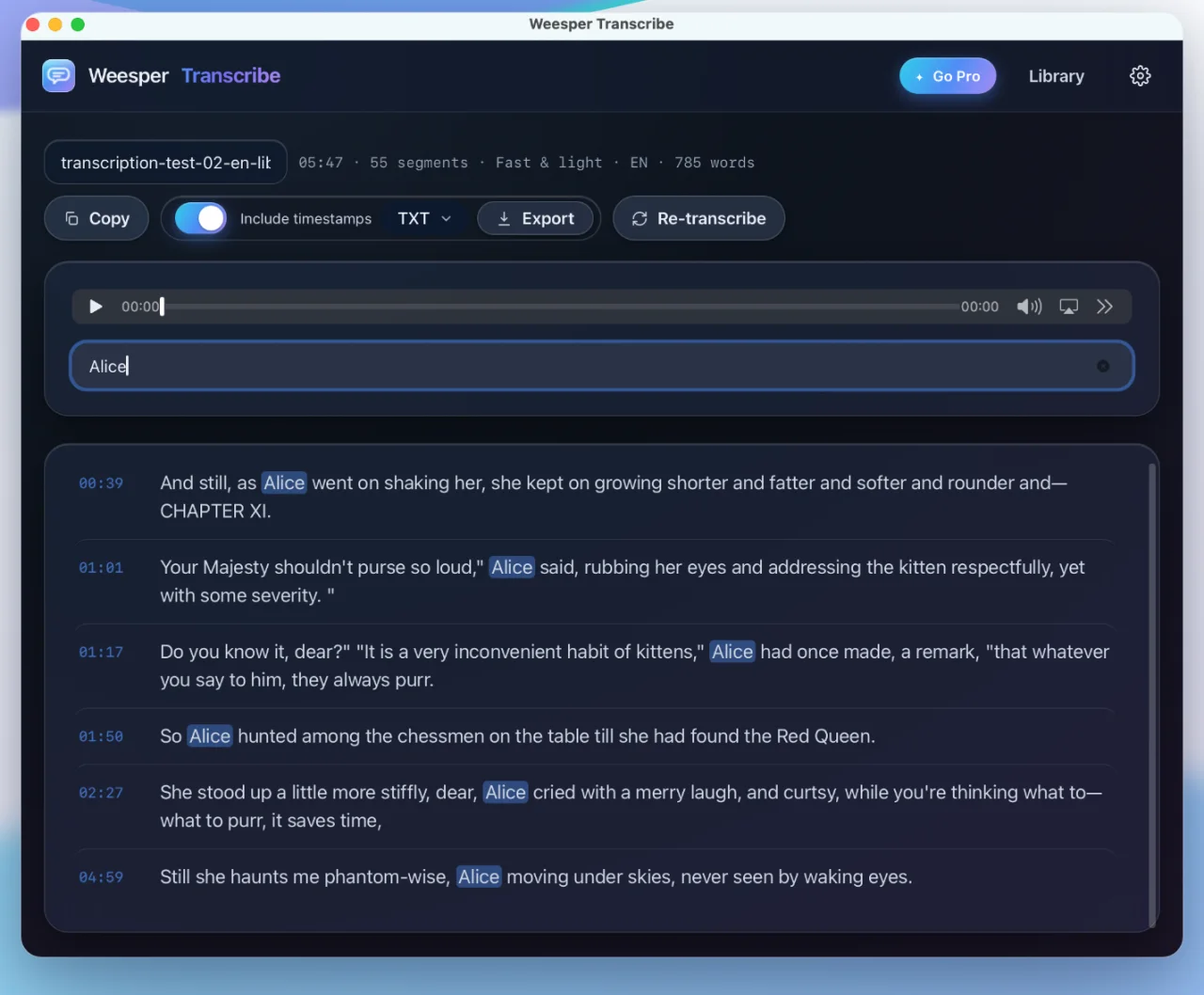 Searching the transcription history in Weesper Transcribe