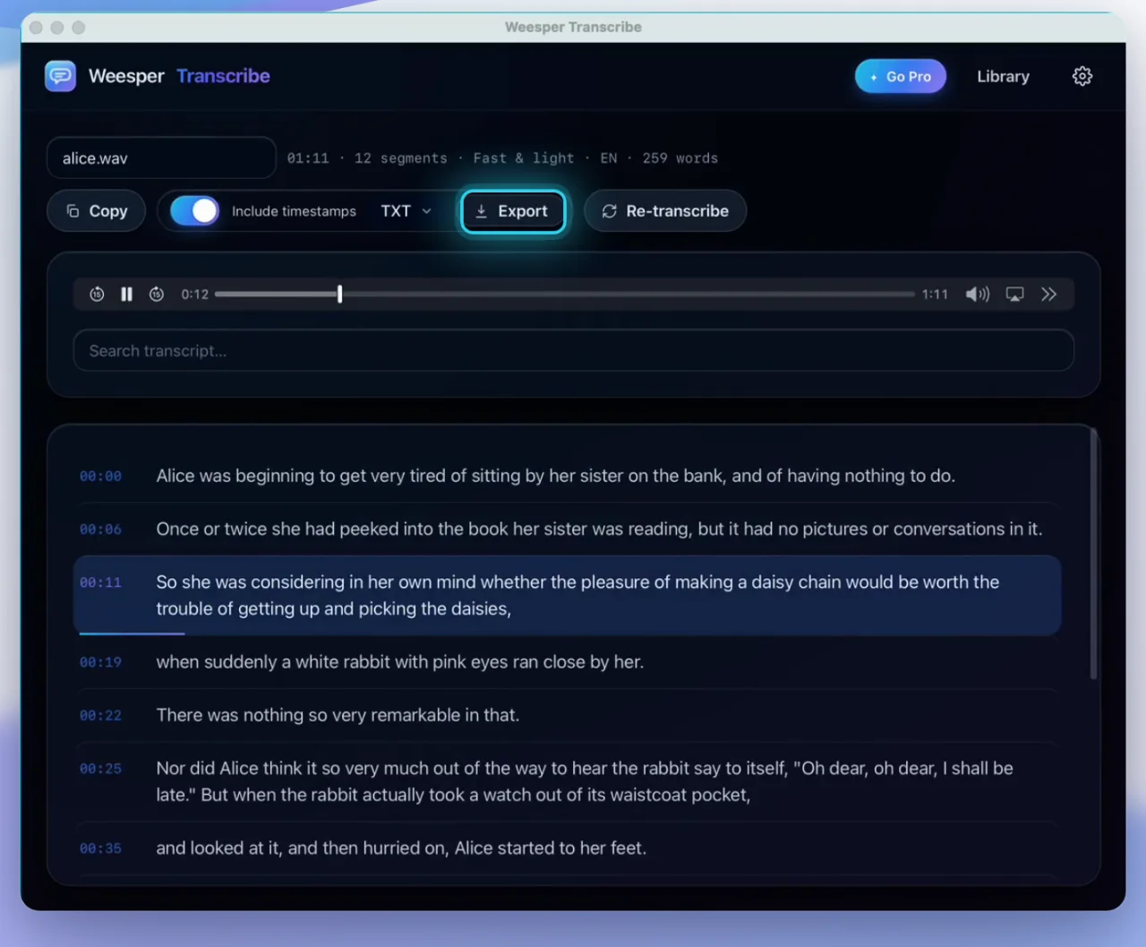 Exporting subtitles and documents from Weesper Transcribe