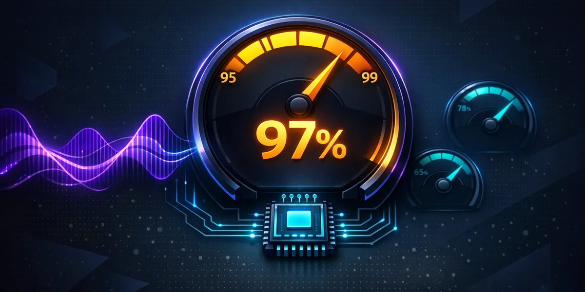 Voice dictation accuracy 95-99% — speech recognition benchmarks and comparison gauge