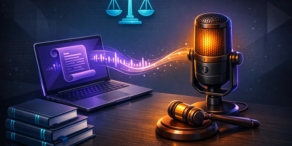 Voice dictation for lawyers — legal desk with microphone, gavel, and case files