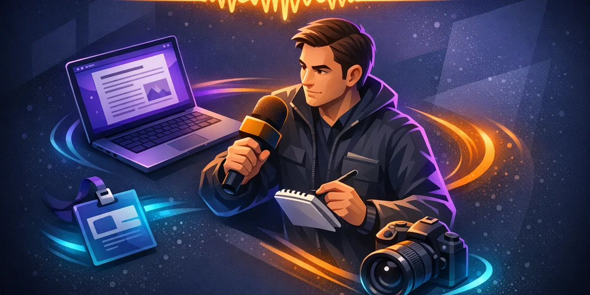 Jornalista ditando anotações de campo offline — ditado por voz sem Wi-Fi em local remoto