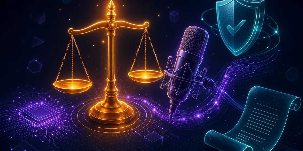 Divulgação de IA e consentimento de voz — balança da justiça, microfone e escudo de privacidade