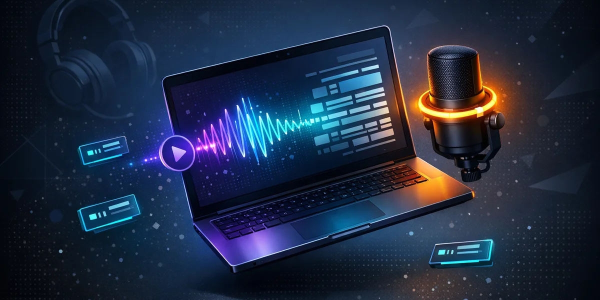 Podcast transcription on Mac — audio waveform turning into organized show notes