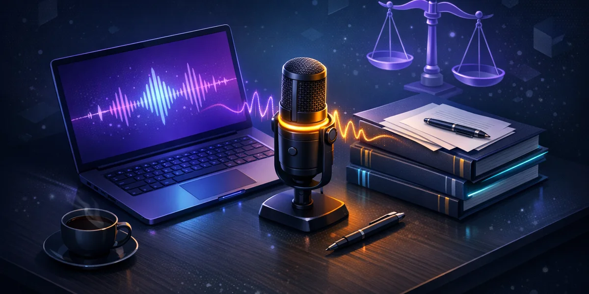 Voice dictation for lawyers — microphone and laptop beside legal documents and scales of justice