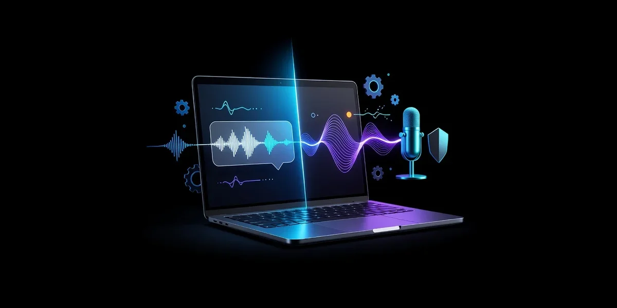 Split laptop screen comparing built-in Apple Intelligence dictation with a dedicated private dictation app