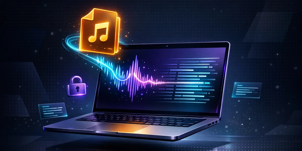 Converter MP3 em texto no Mac offline — um arquivo MP3 virando texto em um notebook