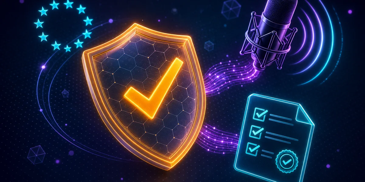 EU AI Act dettatura vocale conformità — scudo normativo, microfono e checklist per team europei