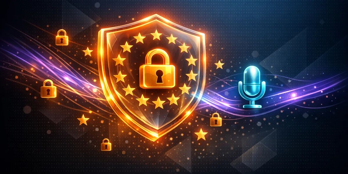 DSGVO-konformes Sprachdiktat — EU-Compliance-Schild mit Datenschutzschloss für Offline-Transkription in Europa