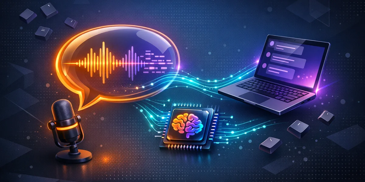 Ditado por voz Claude AI — balao de fala com ondas sonoras conectando microfone e chip IA, substituindo digitacao