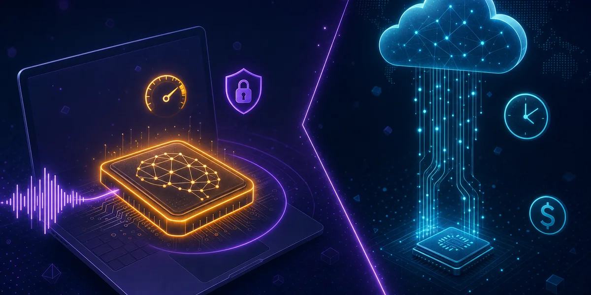 Lokale vs. Cloud-Transkription 2026 — lokaler KI-Chip mit Datenschutz- und Geschwindigkeitssymbolen vs. ferne Cloud
