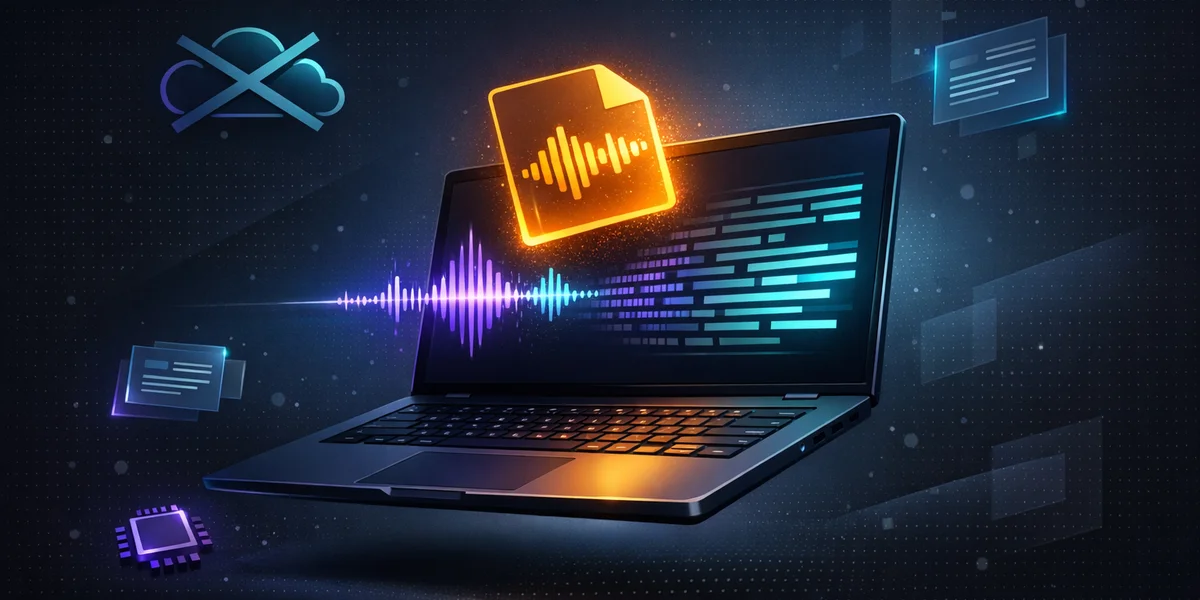 Transcribir audio a texto en Mac sin conexión — archivo de audio convertido en texto en un portátil