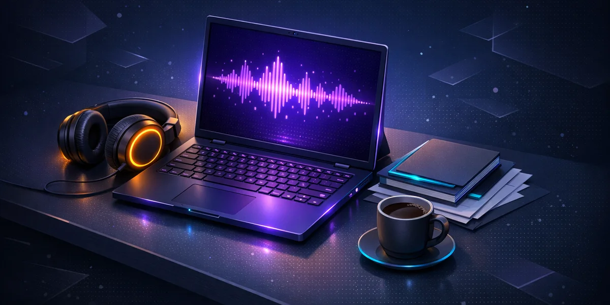 Transcribe lecture recordings offline on Mac — laptop, headphones and study notes