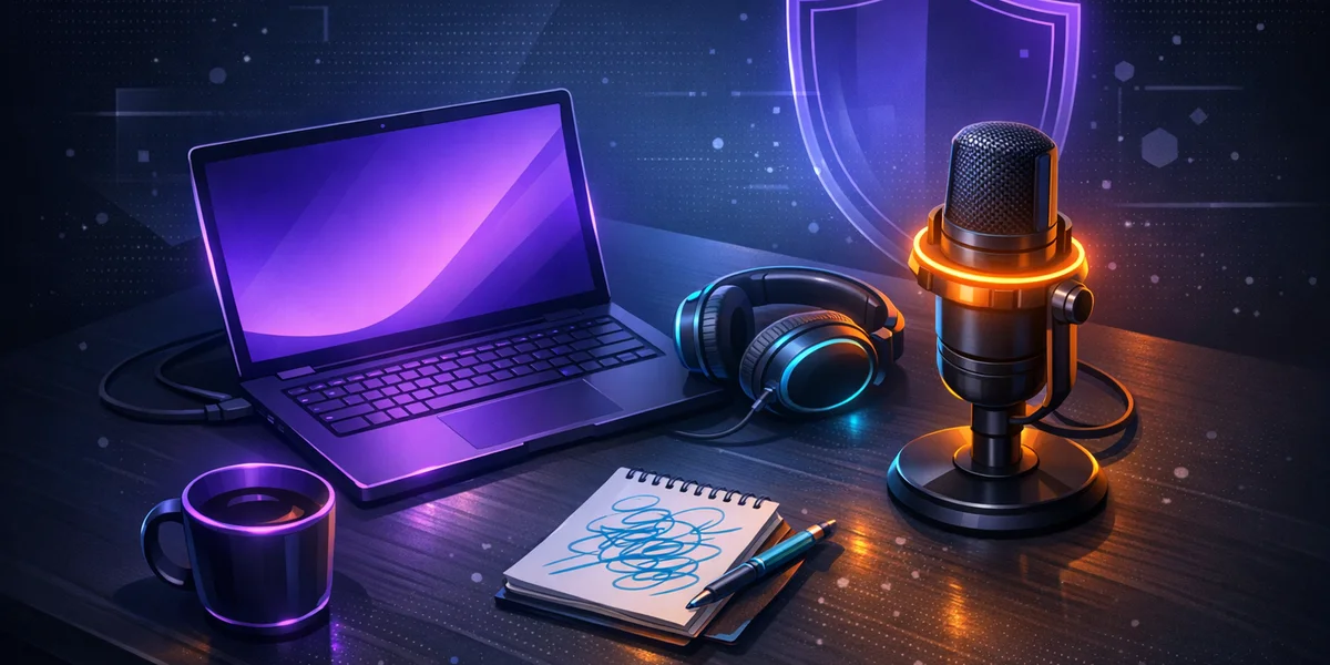 Voice dictation for ADHD — desk with laptop, microphone, and racing-thought notepad