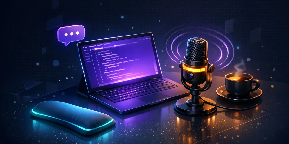 Developer desk with voice dictation microphone and laptop for RSI-friendly coding workflow