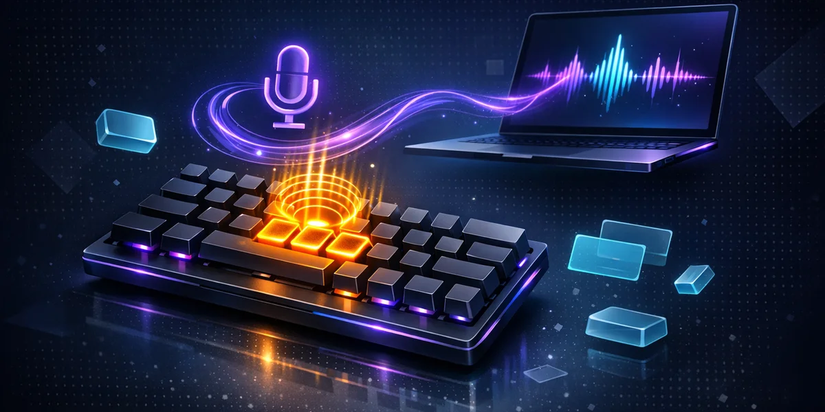 Voice dictation keyboard shortcuts — a glowing hotkey triggers the microphone and sound wave