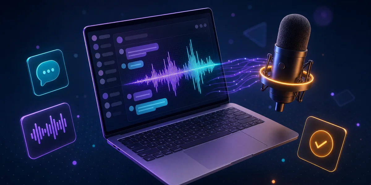 Voice dictation for Slack and Teams — laptop interface with sound wave and microphone setup