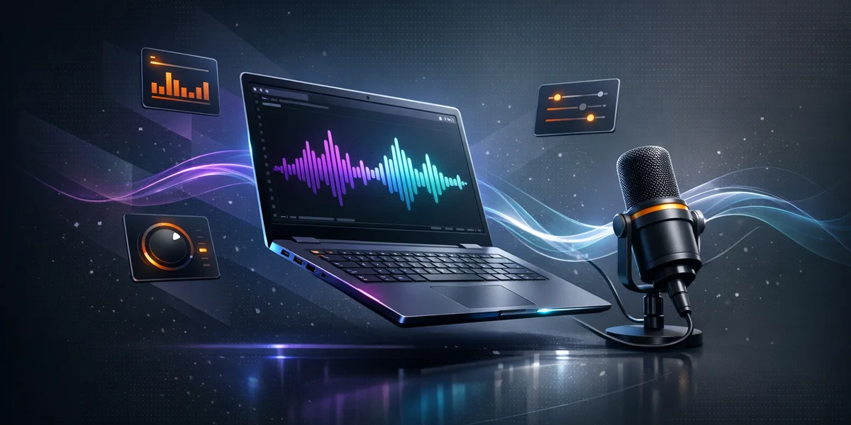 Whisper.cpp lokale Spracherkennung einrichten — Laptop Audiowellenform und Mikrofon für Offline-Transkription