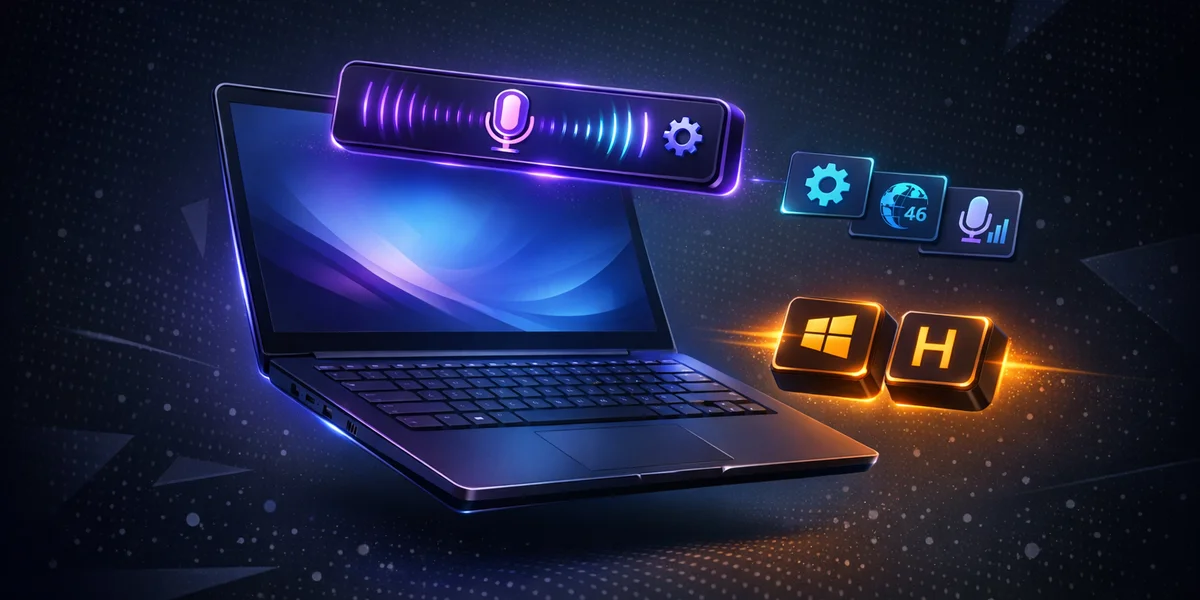 Interface da barra de ferramentas de ditado do Windows 11 com o atalho Win+H e o menu de configurações