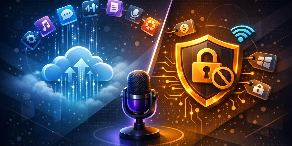 Wispr Flow alternatives compared — offline vs cloud dictation with privacy shield and 9 app icons