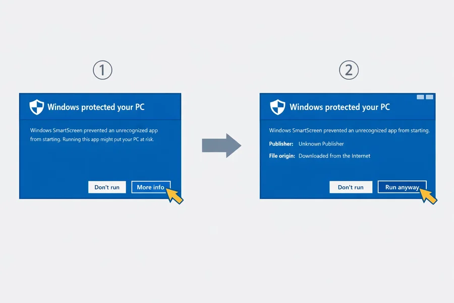 Windows SmartScreen: Step 1 — Click "More info", Step 2 — Click "Run anyway"